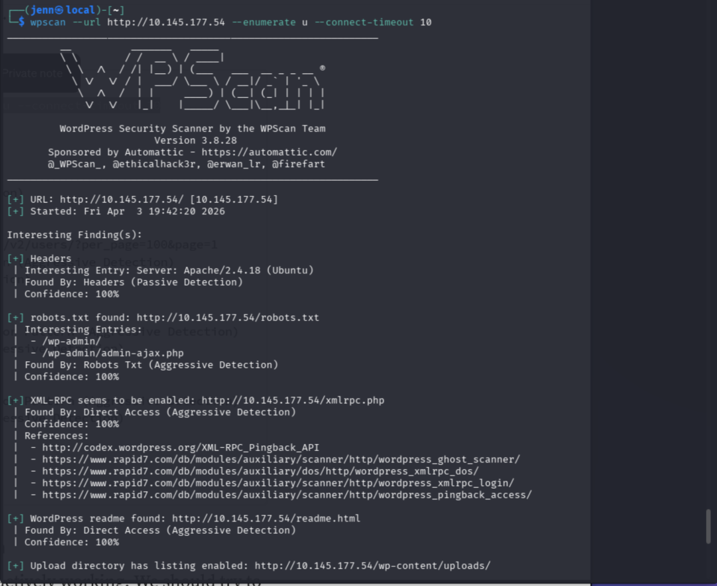 WPScan user enumeration finding jack, wendy, danny